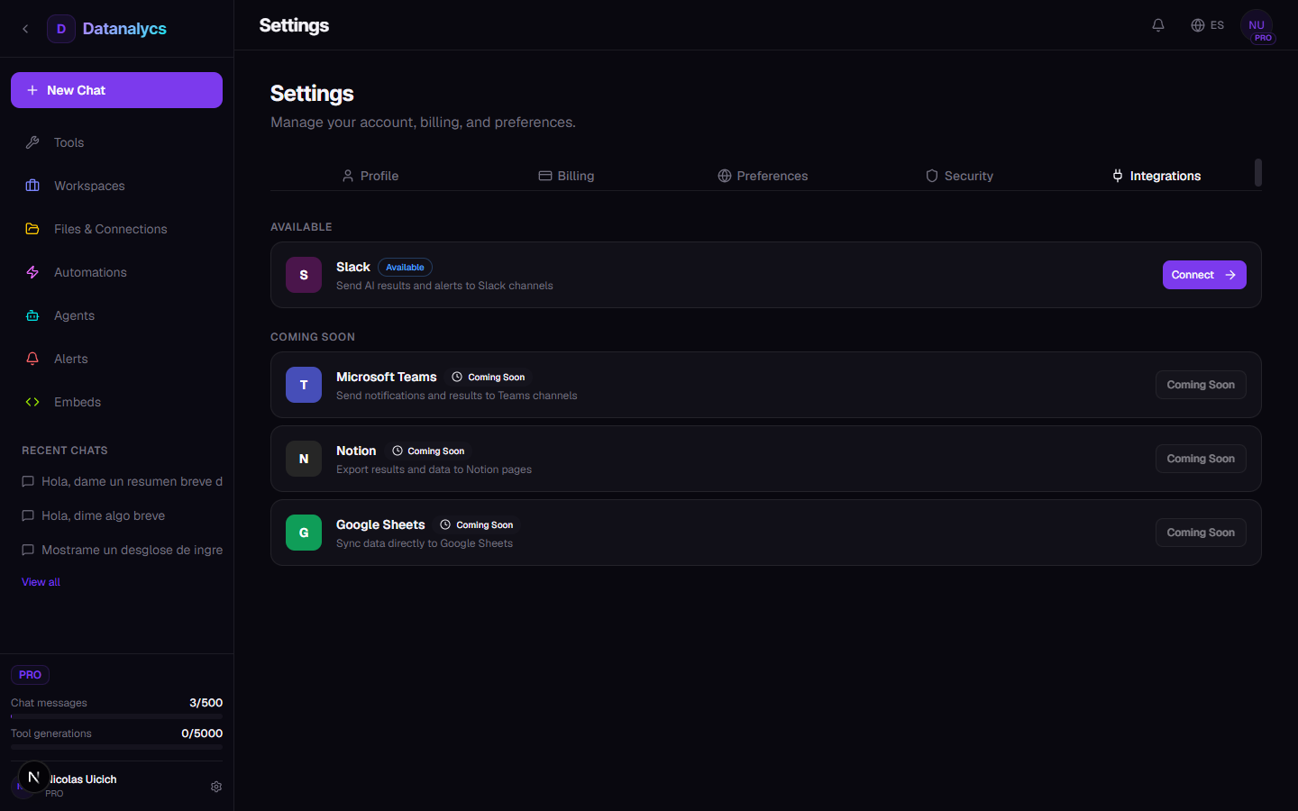 Captura de la grilla de integraciones